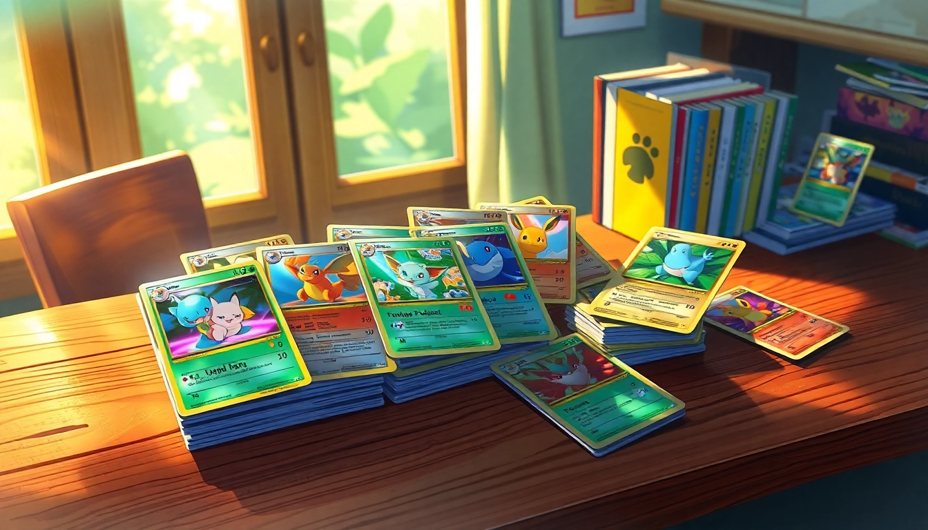 Explore an enchanting collection of real pokemon cards displayed on a wooden table, featuring vibrant art and holographic effects.