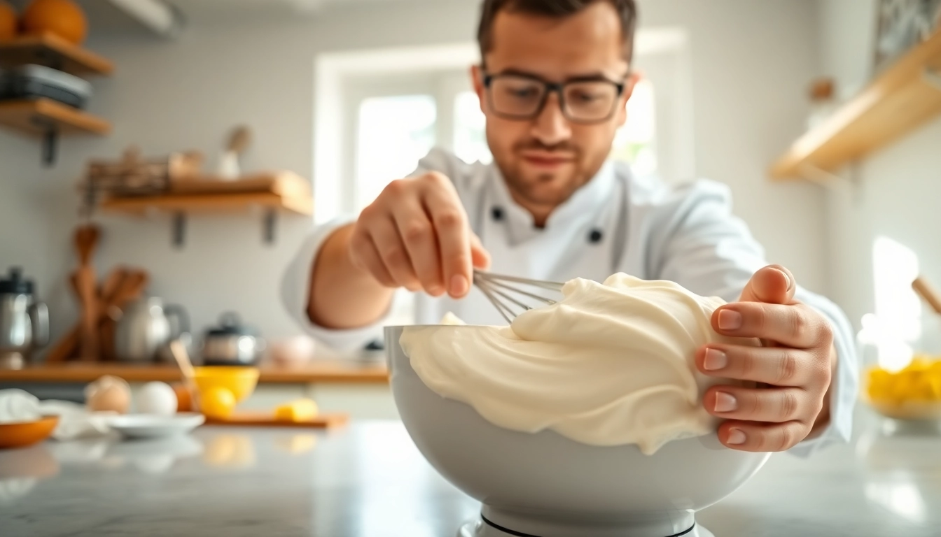 Bereid mousseline crème met rijke, fluweelachtige textuur door een chef-kok.