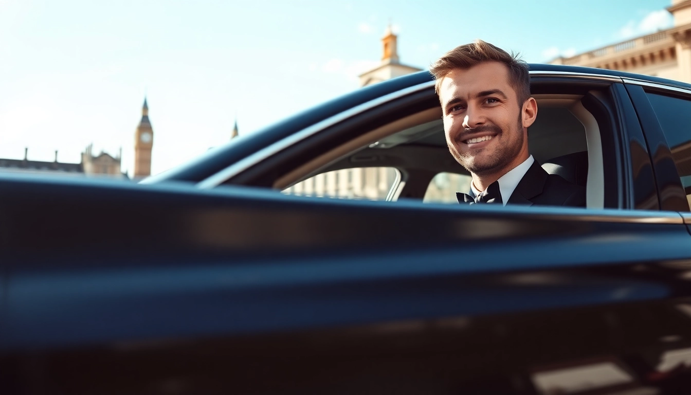 Chauffeur hire london featuring a professional chauffeur in a luxury vehicle against London's skyline.