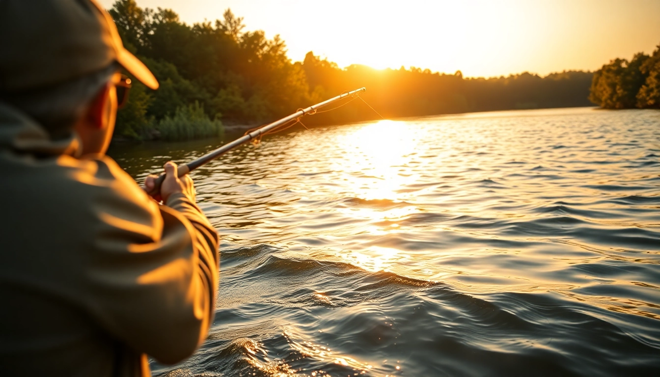 Angler engaged in fly fishing for bass on a serene lake at sunset.