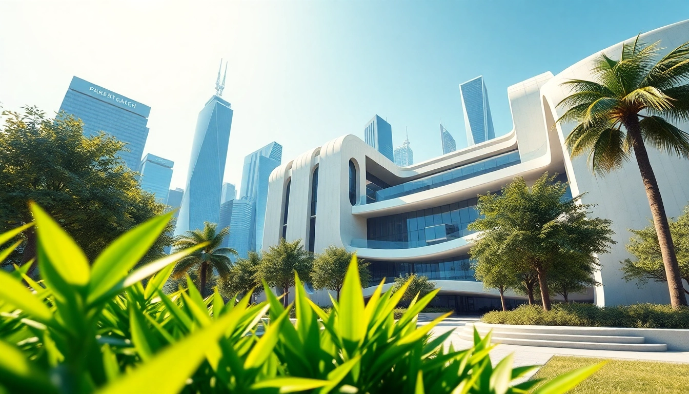 Architekturvisualisierung eines futuristischen Gebäudes in urbaner Umgebung mit lebendiger Atmosphäre.